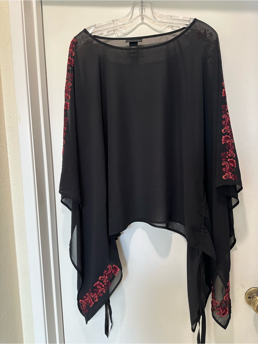 Lane Bryant Black Sheer Poncho Top with Red Embroidery Size 14/16